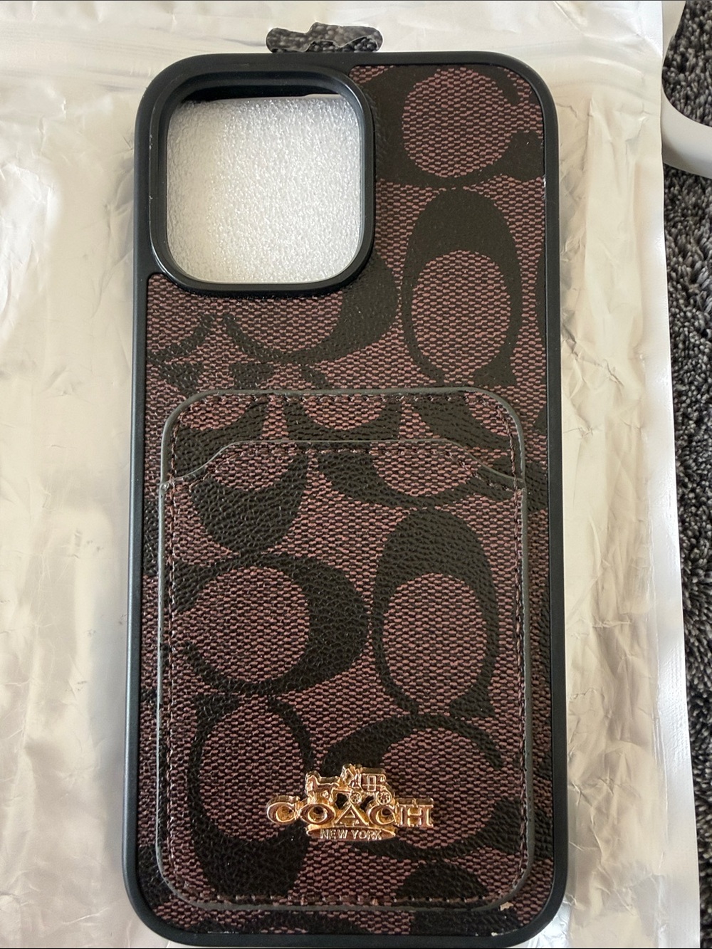 Coach Brown and Black Signature Card Phone Case with Gold Logo